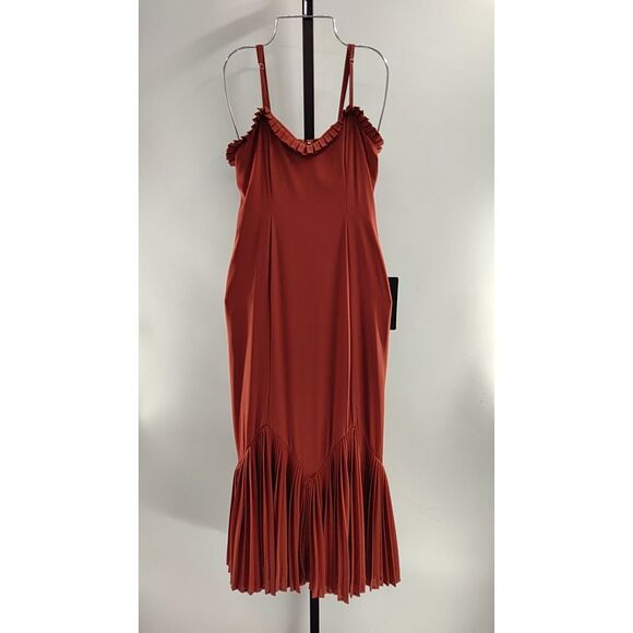 Lulus Women Channa Pleated Hem Midi Dress Rusty Red Basic Sleeved Small - Picture 2 of 3